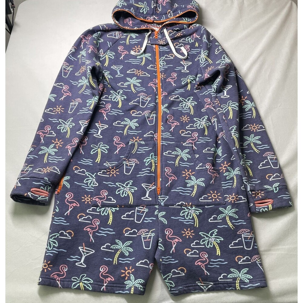 Chubbies Fleece Hooded Zip Romper Coverall Beach Print Blue Size XL